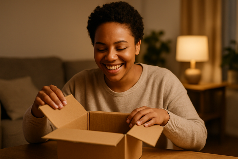 a smiling person unboxing a package at home.